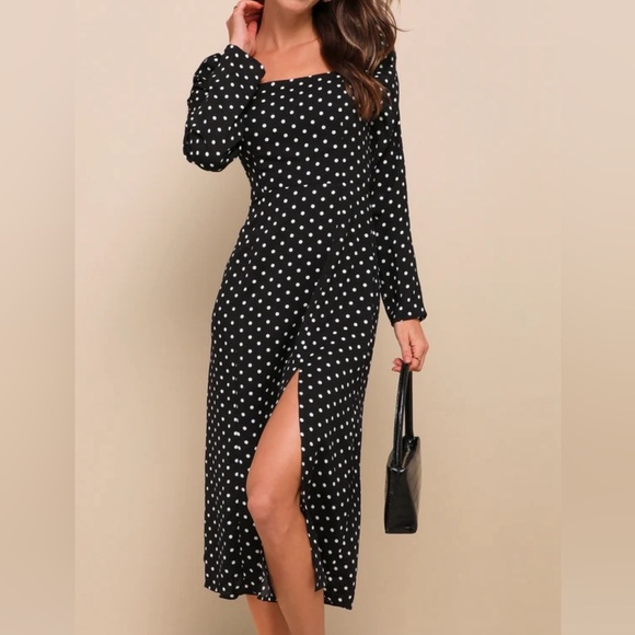 Lulu’s Charmed & Classy Black Polka Dot Long Midi Dress - Picture 2 of 4